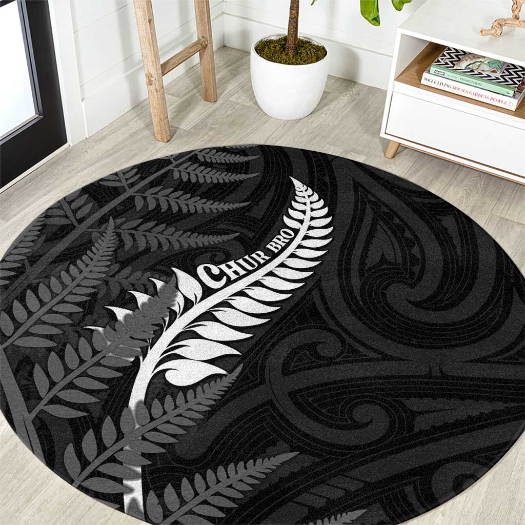 New Zealand Chur Bro Round Carpet Maori Koru With Silver Fern LT05 Black - Polynesian Pride
