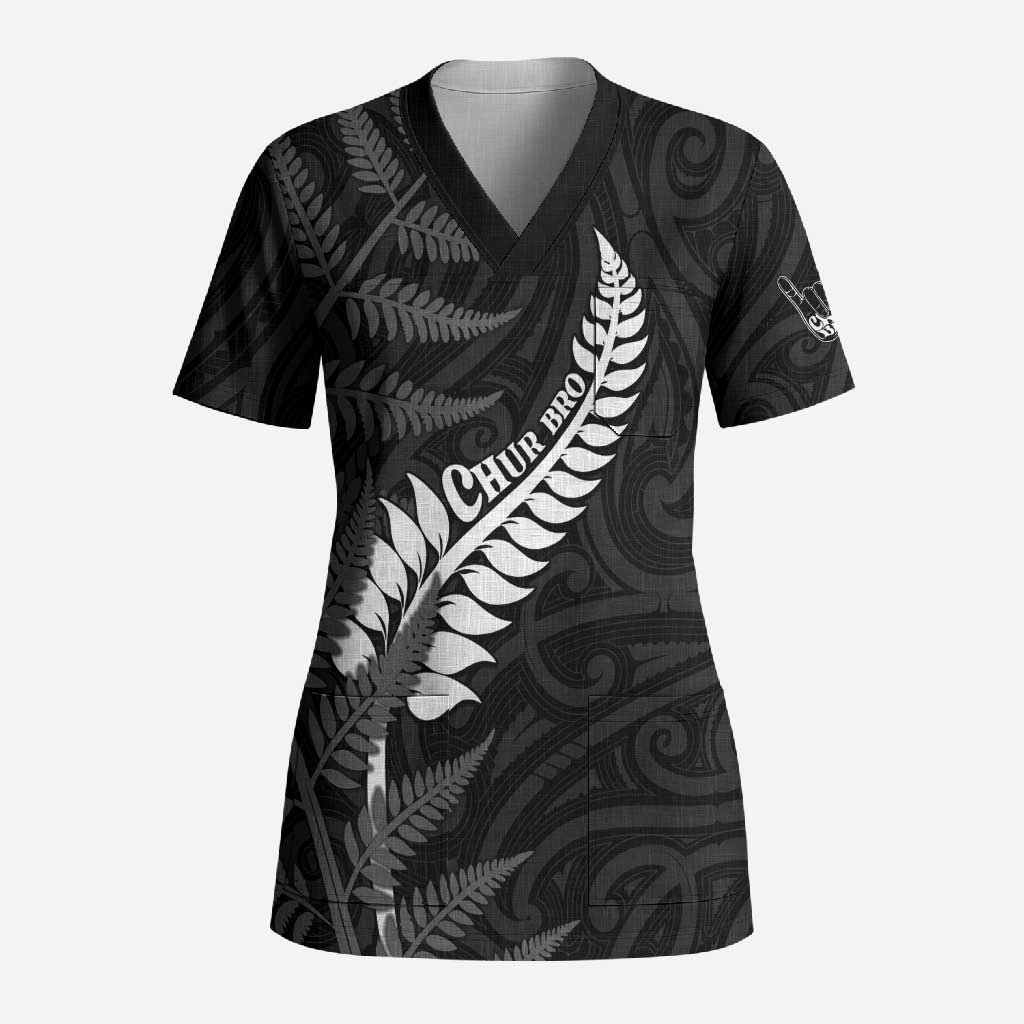 Personalised New Zealand Chur Bro Scrub Top Maori Koru With Silver Fern LT05 Adult Black - Polynesian Pride