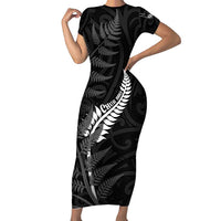Personalised New Zealand Chur Bro Short Sleeve Bodycon Dress Maori Koru With Silver Fern LT05 Long Dress Black - Polynesian Pride