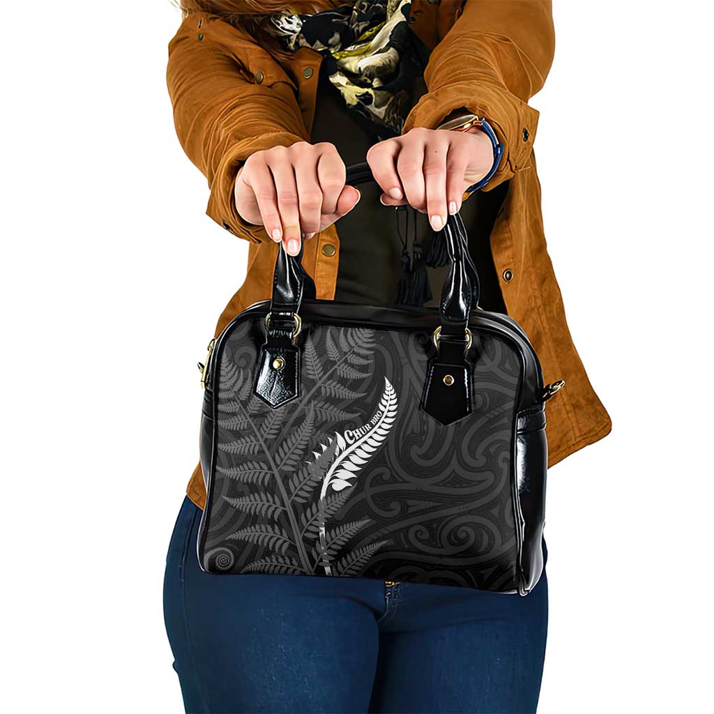 New Zealand Chur Bro Shoulder Handbag Maori Koru With Silver Fern LT05 One Size Black - Polynesian Pride