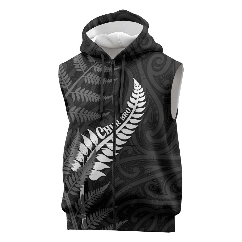 Personalised New Zealand Chur Bro Sleeveless Zip Hoodie Maori Koru With Silver Fern LT05 Black - Polynesian Pride