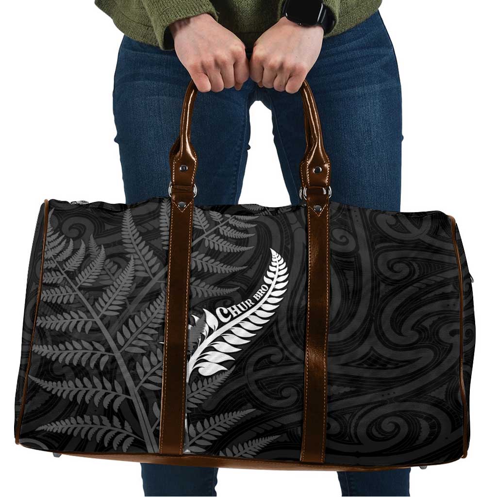 New Zealand Chur Bro Travel Bag Maori Koru With Silver Fern LT05 Black - Polynesian Pride