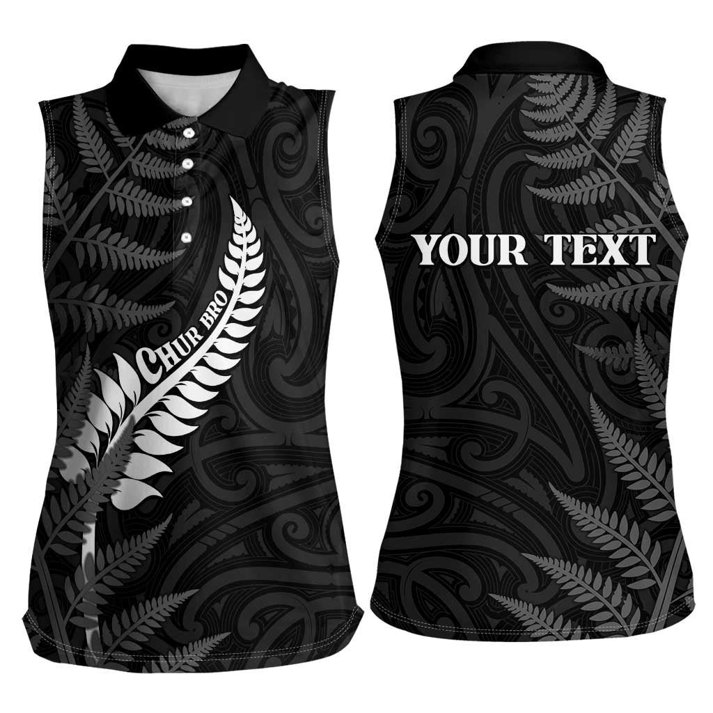 Personalised New Zealand Chur Bro Women Sleeveless Polo Shirt Maori Koru With Silver Fern