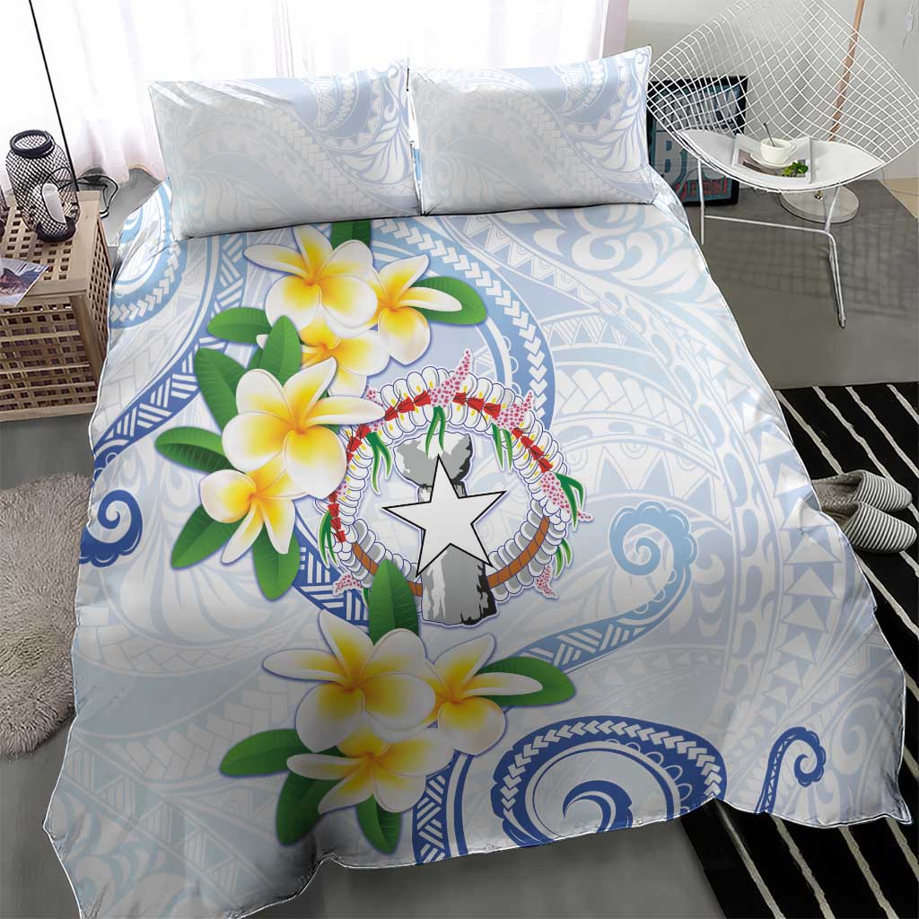 Northern Mariana Islands Chamorro Bedding Set Plumeria Curves Style White Version