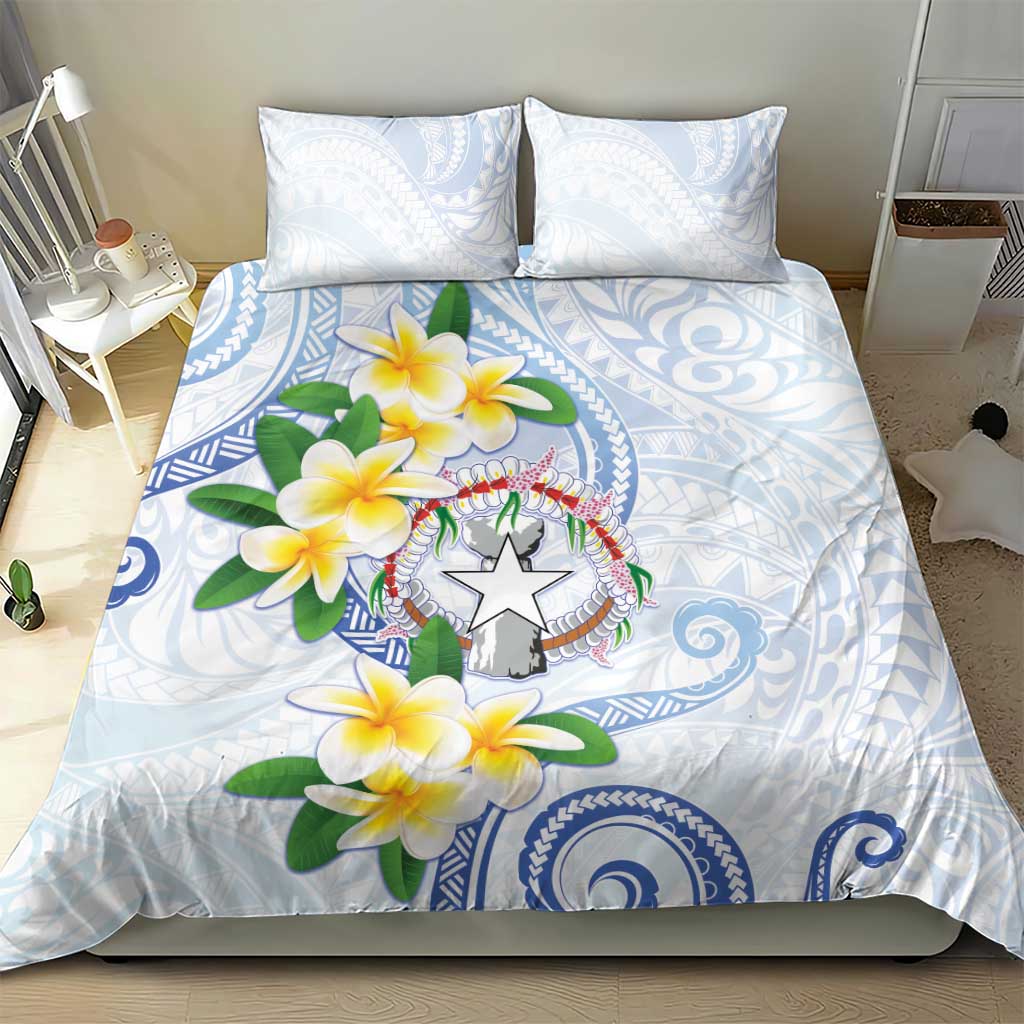 Northern Mariana Islands Chamorro Bedding Set Plumeria Curves Style White Version
