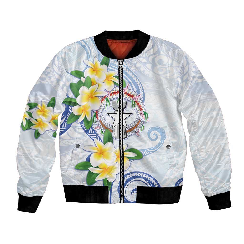 Northern Mariana Islands Chamorro Bomber Jacket Plumeria Curves Style White Version