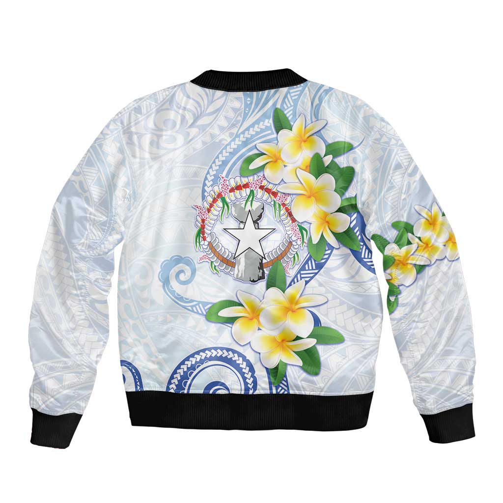 Northern Mariana Islands Chamorro Bomber Jacket Plumeria Curves Style White Version
