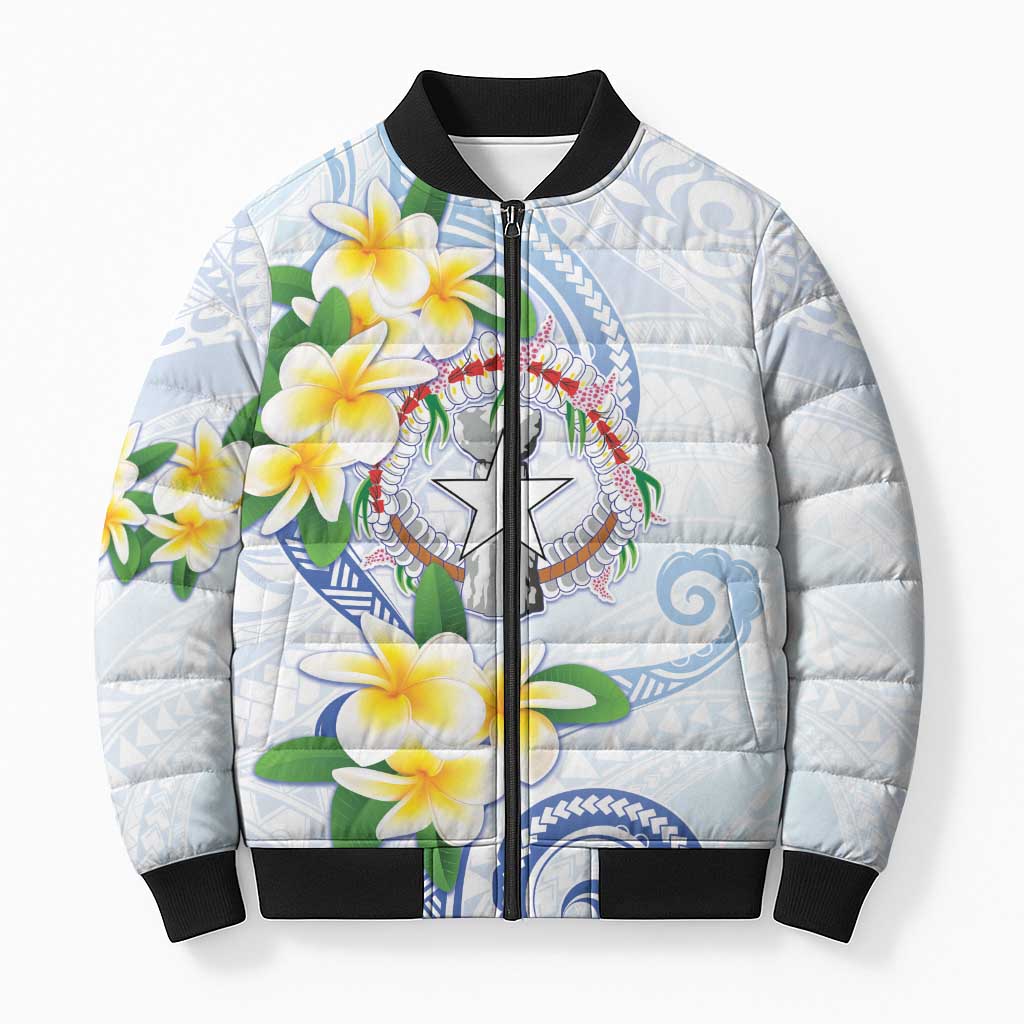 Northern Mariana Islands Chamorro Bomber Puffer Jacket Plumeria Curves Style White Version LT05 Unisex White - Polynesian Pride
