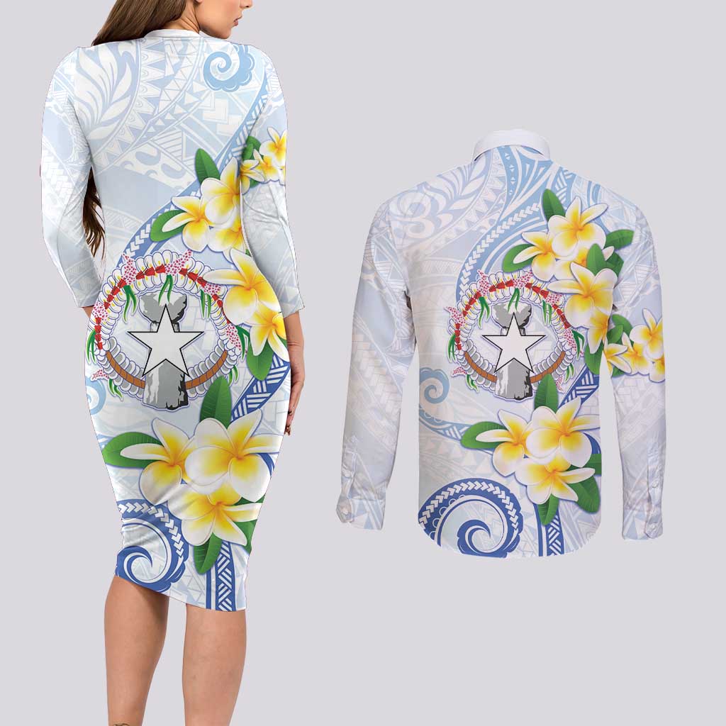 Northern Mariana Islands Chamorro Couples Matching Long Sleeve Bodycon Dress and Long Sleeve Button Shirt Plumeria Curves Style White Version LT05 - Polynesian Pride