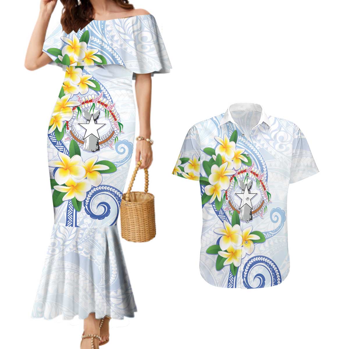 Northern Mariana Islands Chamorro Couples Matching Mermaid Dress and Hawaiian Shirt Plumeria Curves Style White Version LT05 White - Polynesian Pride