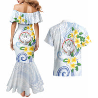 Northern Mariana Islands Chamorro Couples Matching Mermaid Dress and Hawaiian Shirt Plumeria Curves Style White Version LT05 - Polynesian Pride