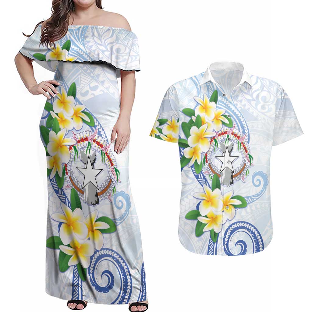 Northern Mariana Islands Chamorro Couples Matching Off Shoulder Maxi Dress and Hawaiian Shirt Plumeria Curves Style White Version LT05 White - Polynesian Pride