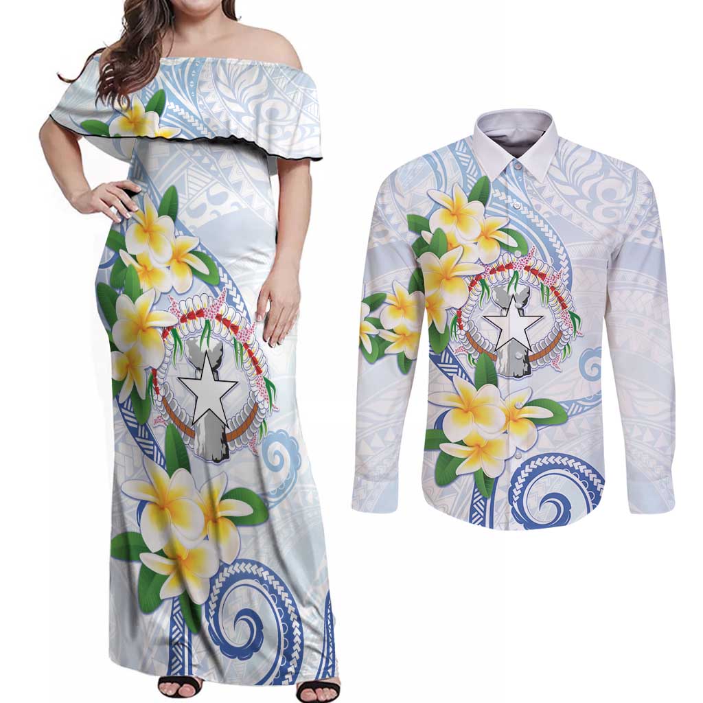 Northern Mariana Islands Chamorro Couples Matching Off Shoulder Maxi Dress and Long Sleeve Button Shirt Plumeria Curves Style White Version LT05 White - Polynesian Pride