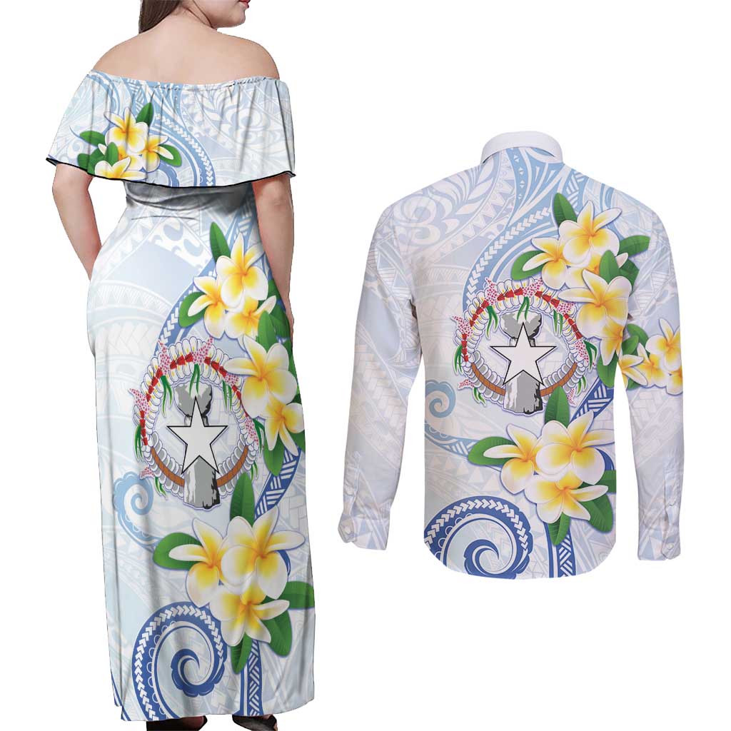 Northern Mariana Islands Chamorro Couples Matching Off Shoulder Maxi Dress and Long Sleeve Button Shirt Plumeria Curves Style White Version LT05 - Polynesian Pride