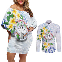 Northern Mariana Islands Chamorro Couples Matching Off Shoulder Short Dress and Long Sleeve Button Shirt Plumeria Curves Style White Version LT05 White - Polynesian Pride