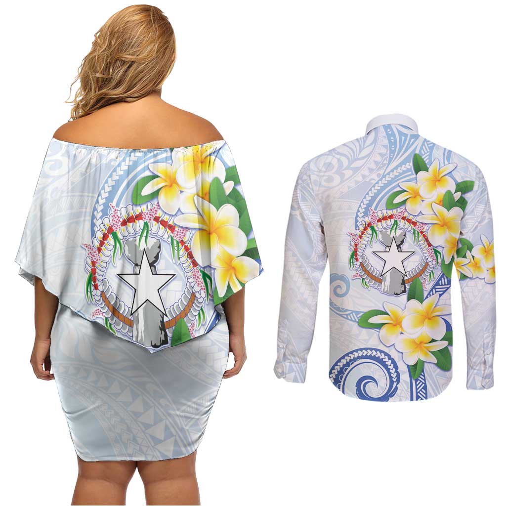 Northern Mariana Islands Chamorro Couples Matching Off Shoulder Short Dress and Long Sleeve Button Shirt Plumeria Curves Style White Version LT05 - Polynesian Pride