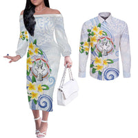 Northern Mariana Islands Chamorro Couples Matching Off The Shoulder Long Sleeve Dress and Long Sleeve Button Shirt Plumeria Curves Style White Version LT05 White - Polynesian Pride
