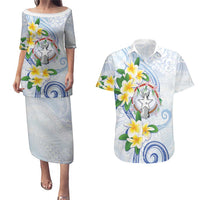 Northern Mariana Islands Chamorro Couples Matching Puletasi and Hawaiian Shirt Plumeria Curves Style White Version LT05 White - Polynesian Pride
