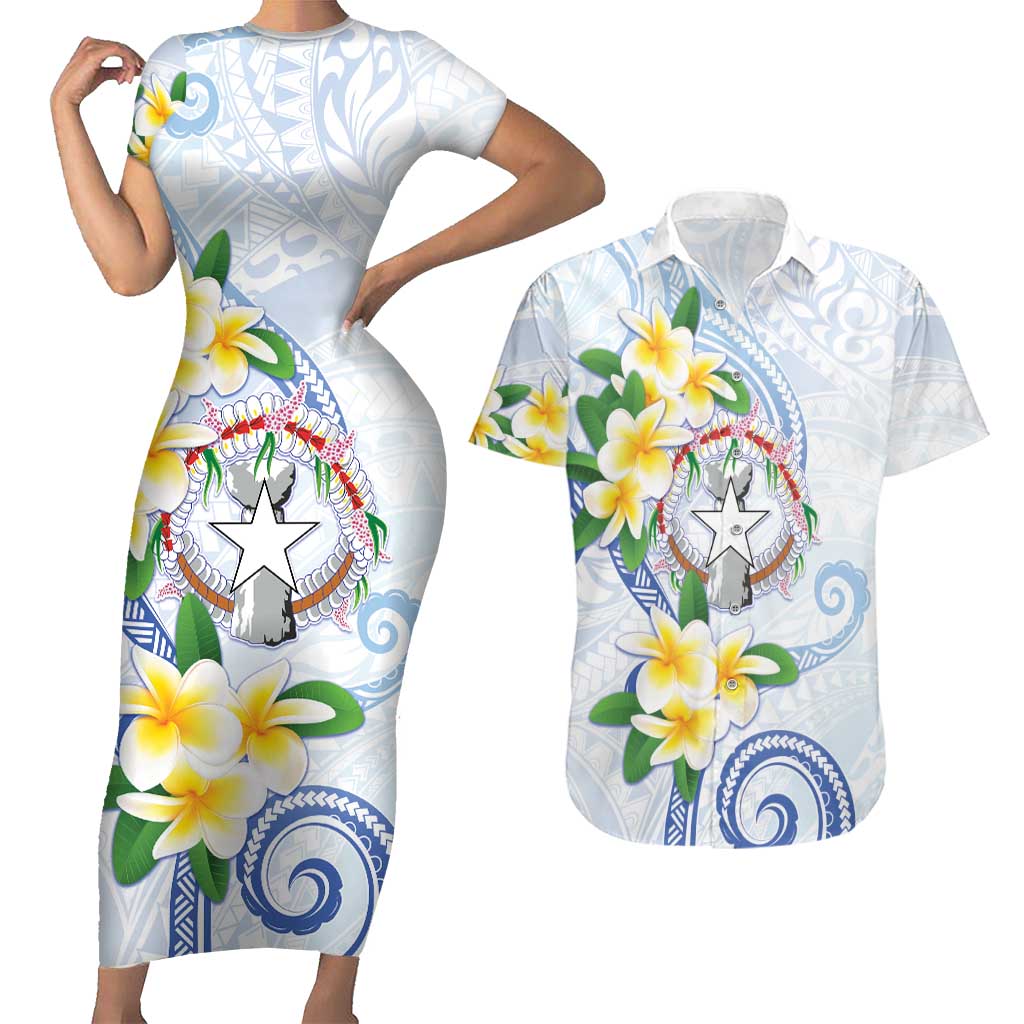Northern Mariana Islands Chamorro Couples Matching Short Sleeve Bodycon Dress and Hawaiian Shirt Plumeria Curves Style White Version LT05 White - Polynesian Pride