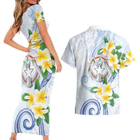 Northern Mariana Islands Chamorro Couples Matching Short Sleeve Bodycon Dress and Hawaiian Shirt Plumeria Curves Style White Version LT05 - Polynesian Pride
