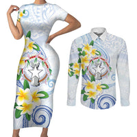 Northern Mariana Islands Chamorro Couples Matching Short Sleeve Bodycon Dress and Long Sleeve Button Shirt Plumeria Curves Style White Version LT05 White - Polynesian Pride