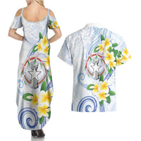 Northern Mariana Islands Chamorro Couples Matching Summer Maxi Dress and Hawaiian Shirt Plumeria Curves Style White Version LT05 - Polynesian Pride