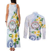 Northern Mariana Islands Chamorro Couples Matching Tank Maxi Dress and Long Sleeve Button Shirt Plumeria Curves Style White Version LT05 - Polynesian Pride