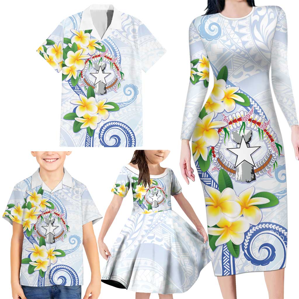 Northern Mariana Islands Chamorro Family Matching Long Sleeve Bodycon Dress and Hawaiian Shirt Plumeria Curves Style White Version LT05 - Polynesian Pride
