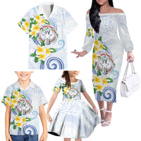 Northern Mariana Islands Chamorro Family Matching Off The Shoulder Long Sleeve Dress and Hawaiian Shirt Plumeria Curves Style White Version