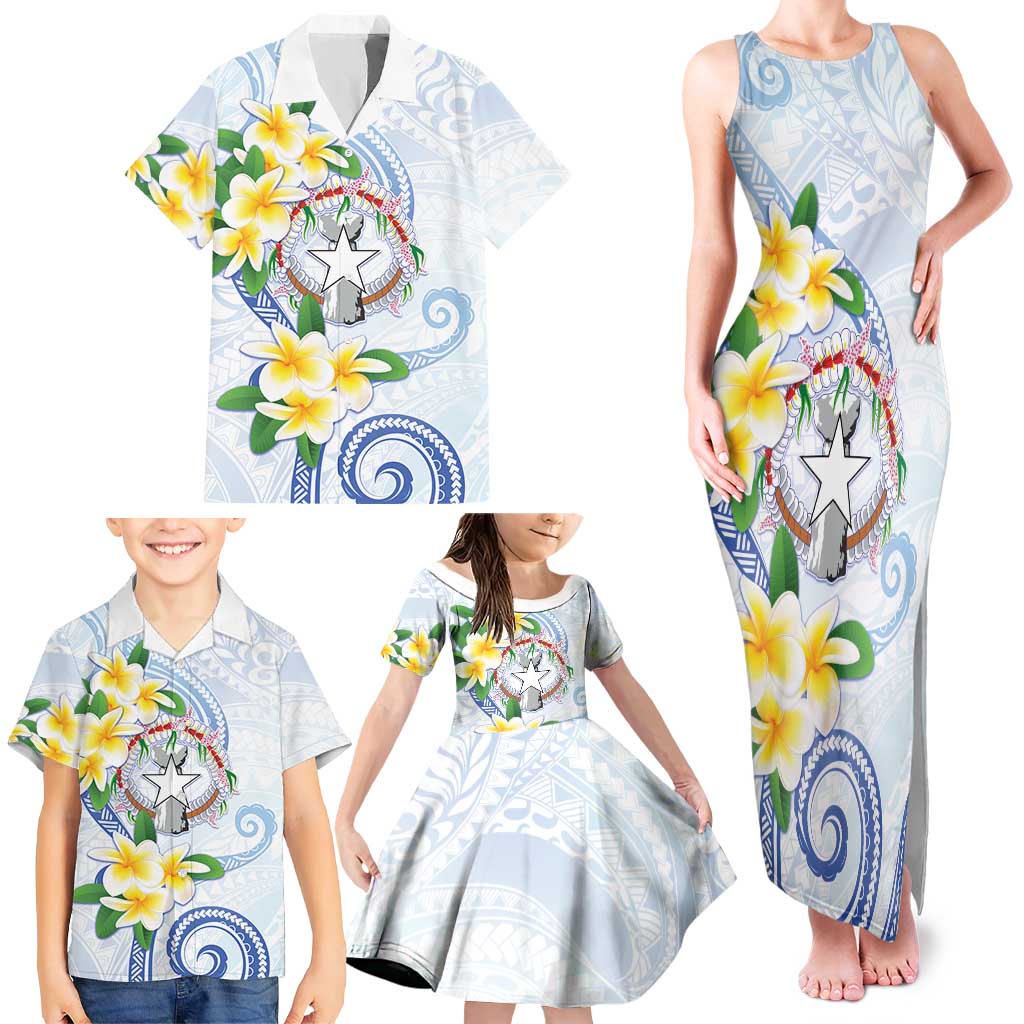 Northern Mariana Islands Chamorro Family Matching Tank Maxi Dress and Hawaiian Shirt Plumeria Curves Style White Version