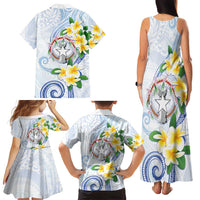 Northern Mariana Islands Chamorro Family Matching Tank Maxi Dress and Hawaiian Shirt Plumeria Curves Style White Version