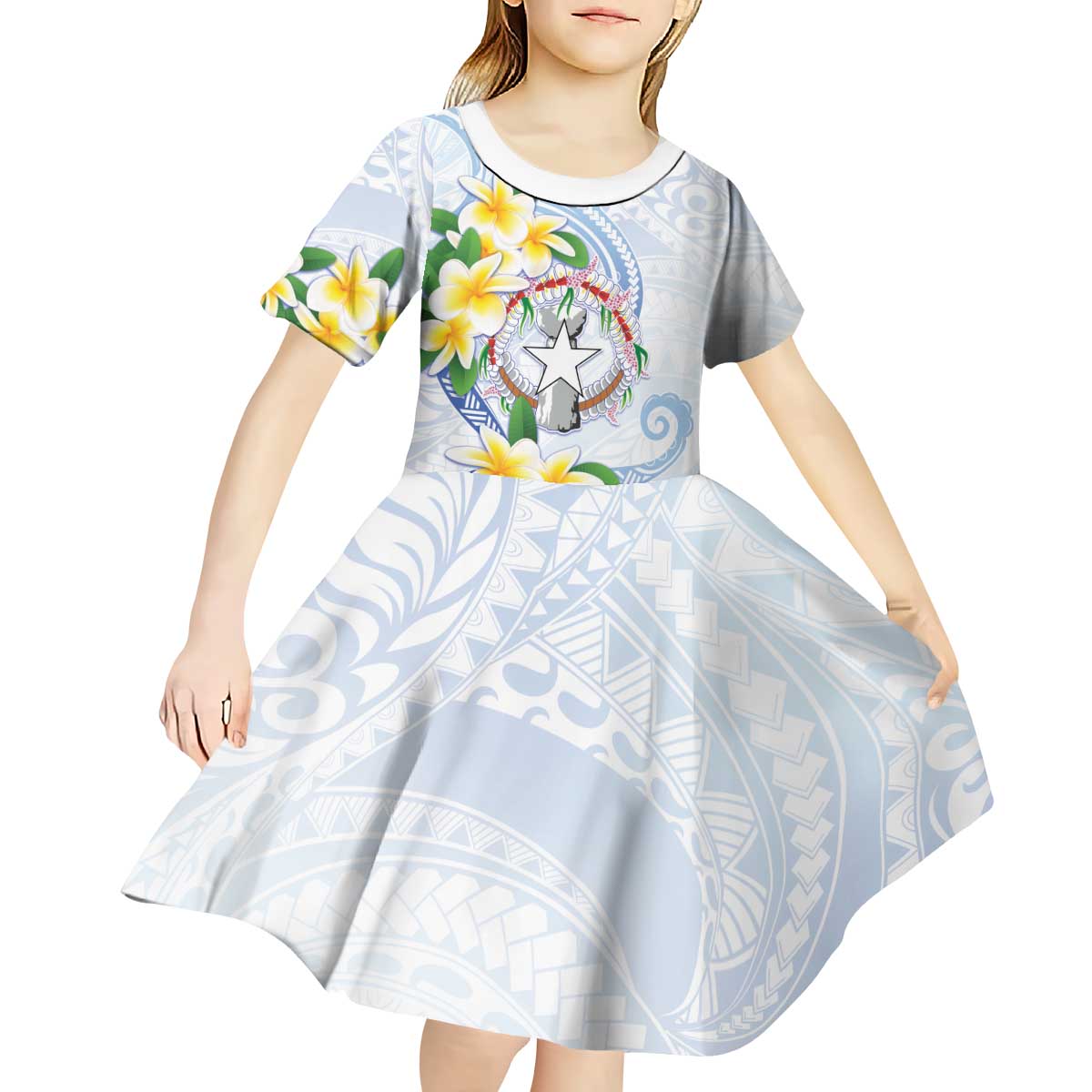 Northern Mariana Islands Chamorro Kid Short Sleeve Dress Plumeria Curves Style White Version