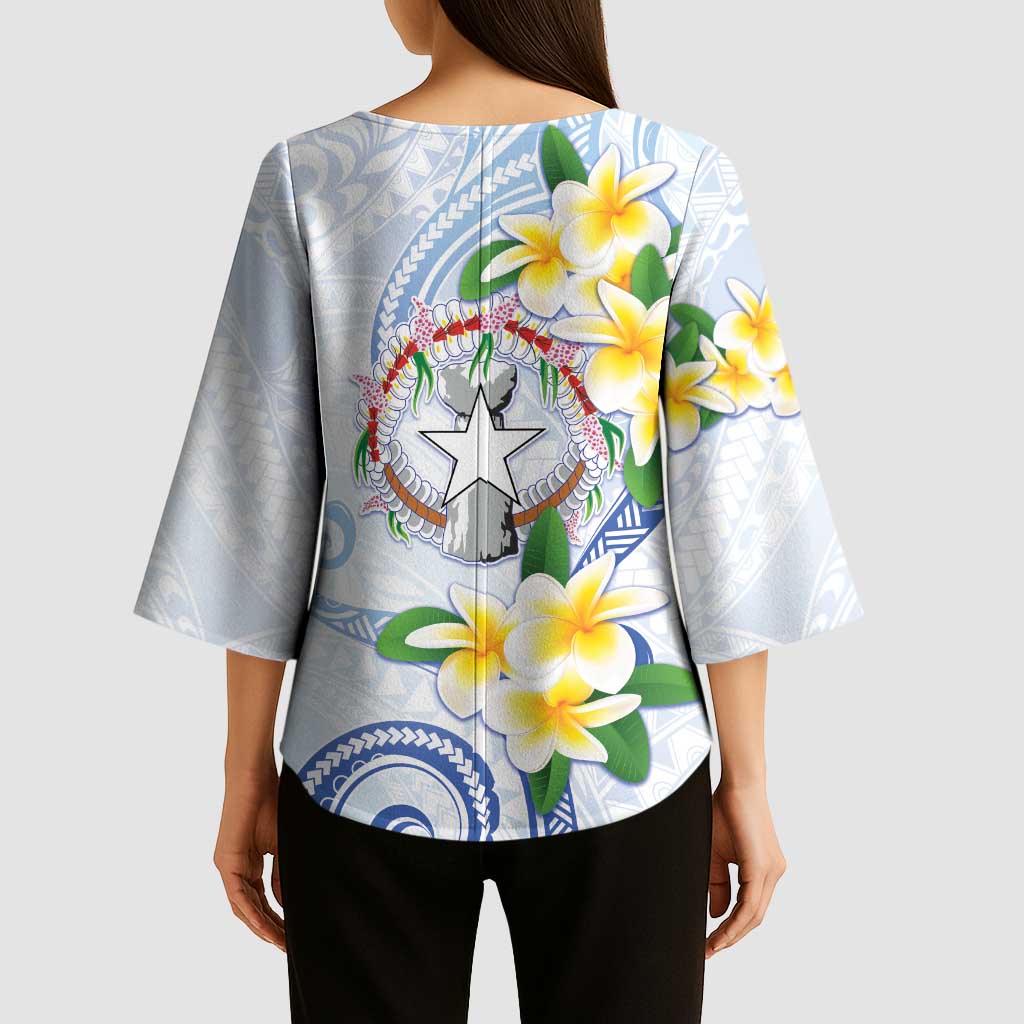 Northern Mariana Islands Chamorro Kimono Sleeve Blouse Plumeria Curves Style White Version