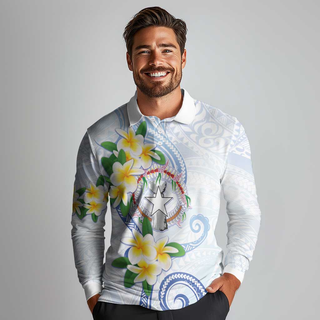 Northern Mariana Islands Chamorro Long Sleeve Polo Shirt Plumeria Curves Style White Version