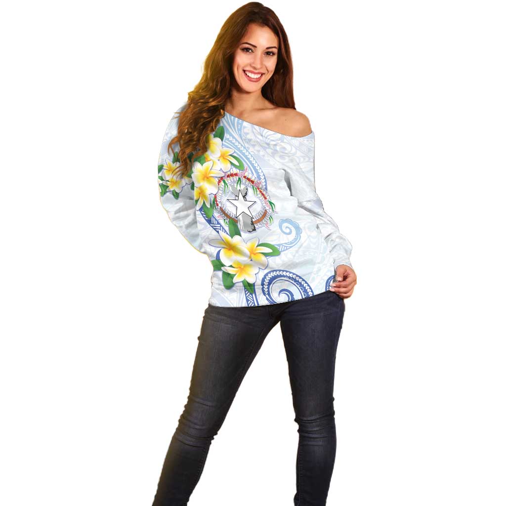 Northern Mariana Islands Chamorro Off Shoulder Sweater Plumeria Curves Style White Version