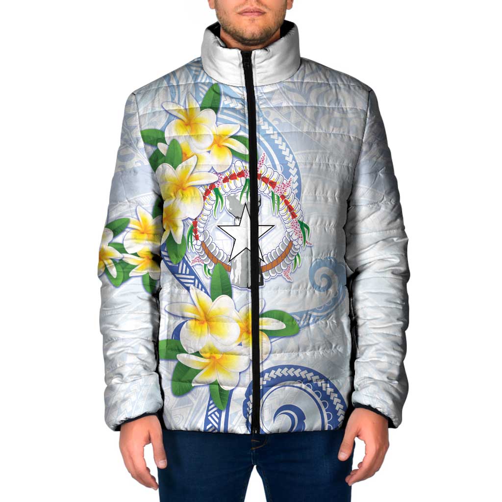 Northern Mariana Islands Chamorro Padded Jacket Plumeria Curves Style White Version LT05 Men White - Polynesian Pride