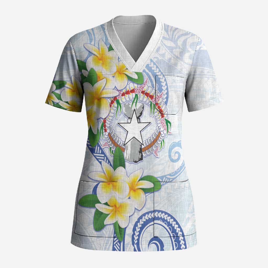 Northern Mariana Islands Chamorro Scrub Top Plumeria Curves Style White Version LT05 Adult White - Polynesian Pride
