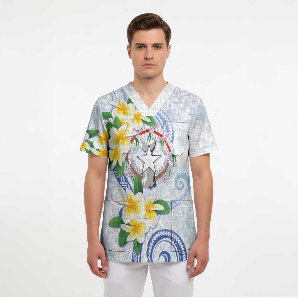Northern Mariana Islands Chamorro Scrub Top Plumeria Curves Style White Version LT05 - Polynesian Pride