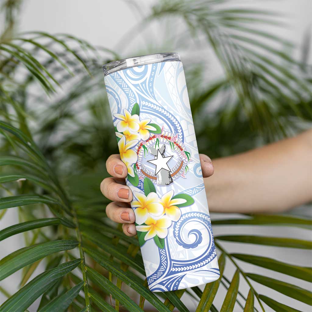Northern Mariana Islands Chamorro Skinny Tumbler Plumeria Curves Style White Version