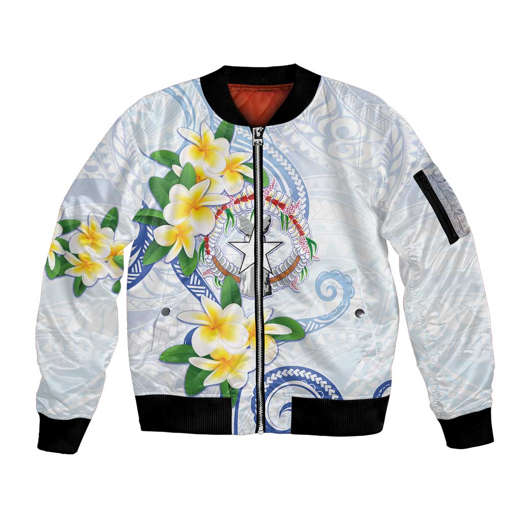 Northern Mariana Islands Chamorro Sleeve Zip Bomber Jacket Plumeria Curves Style White Version