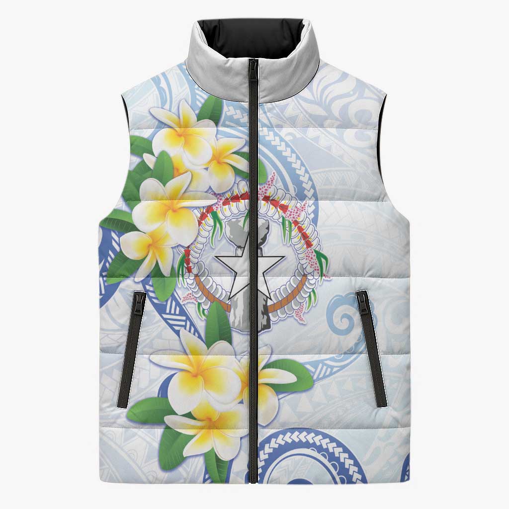 Northern Mariana Islands Chamorro Sleeveless Puffer Jacket Plumeria Curves Style White Version LT05 Unisex White - Polynesian Pride