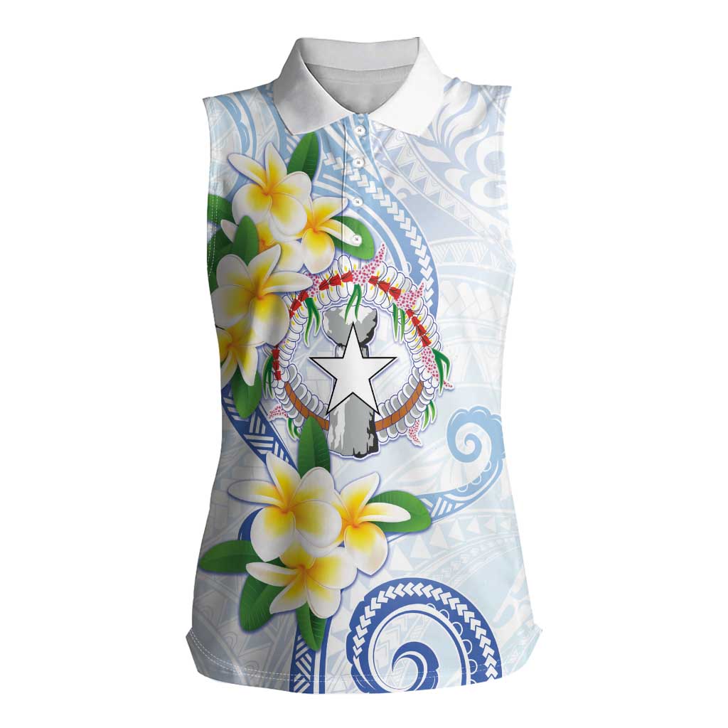 Northern Mariana Islands Chamorro Women Sleeveless Polo Shirt Plumeria Curves Style White Version LT05 Female White - Polynesian Pride