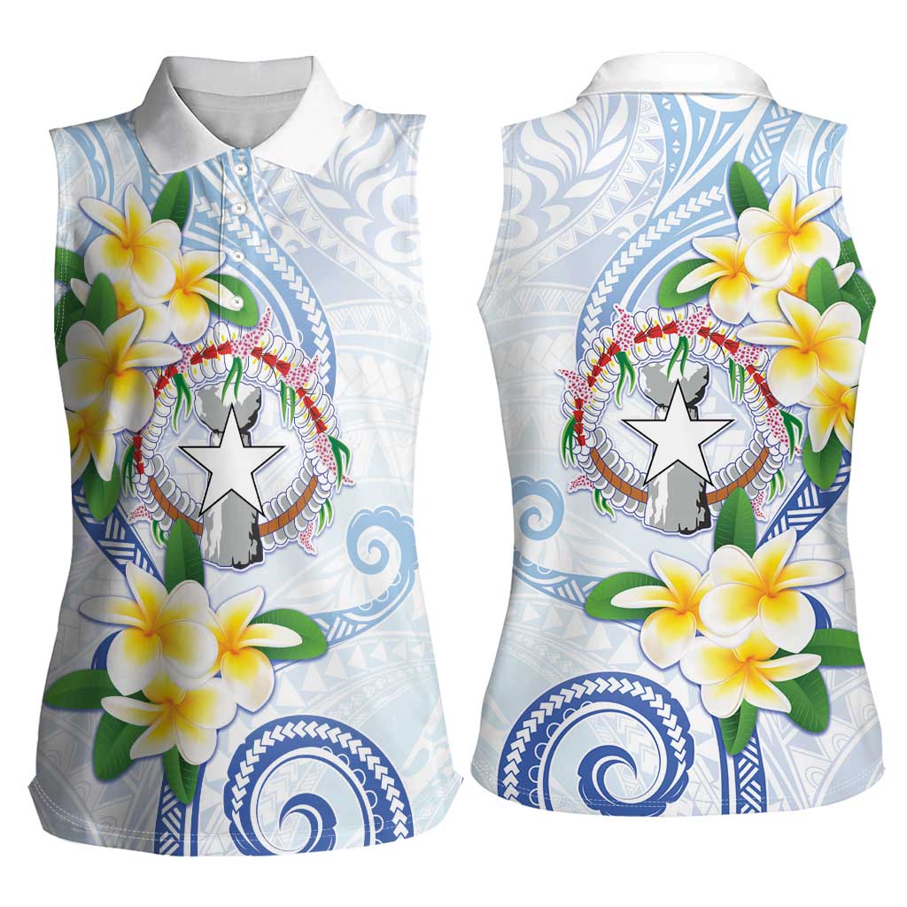 Northern Mariana Islands Chamorro Women Sleeveless Polo Shirt Plumeria Curves Style White Version LT05 - Polynesian Pride