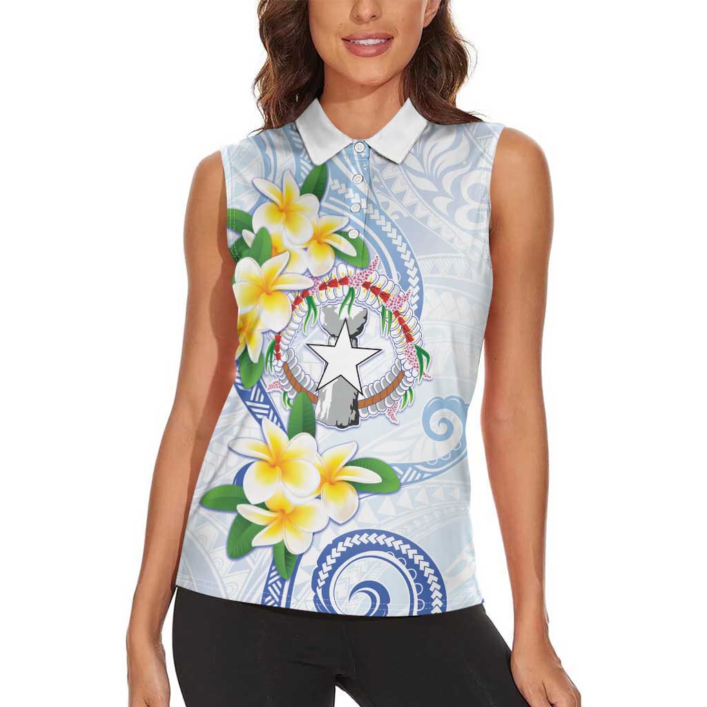 Northern Mariana Islands Chamorro Women Sleeveless Polo Shirt Plumeria Curves Style White Version LT05 - Polynesian Pride
