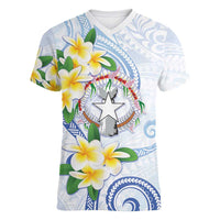 Northern Mariana Islands Chamorro Women V-Neck T-Shirt Plumeria Curves Style White Version