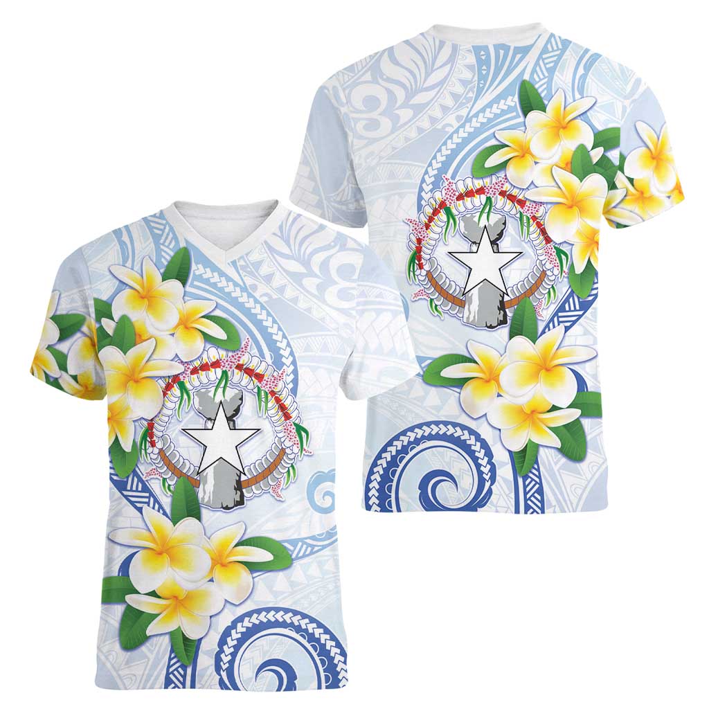 Northern Mariana Islands Chamorro Women V-Neck T-Shirt Plumeria Curves Style White Version
