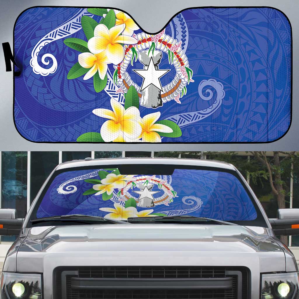 Northern Mariana Islands Chamorro Auto Sun Shade Plumeria Curves Style Navy Version