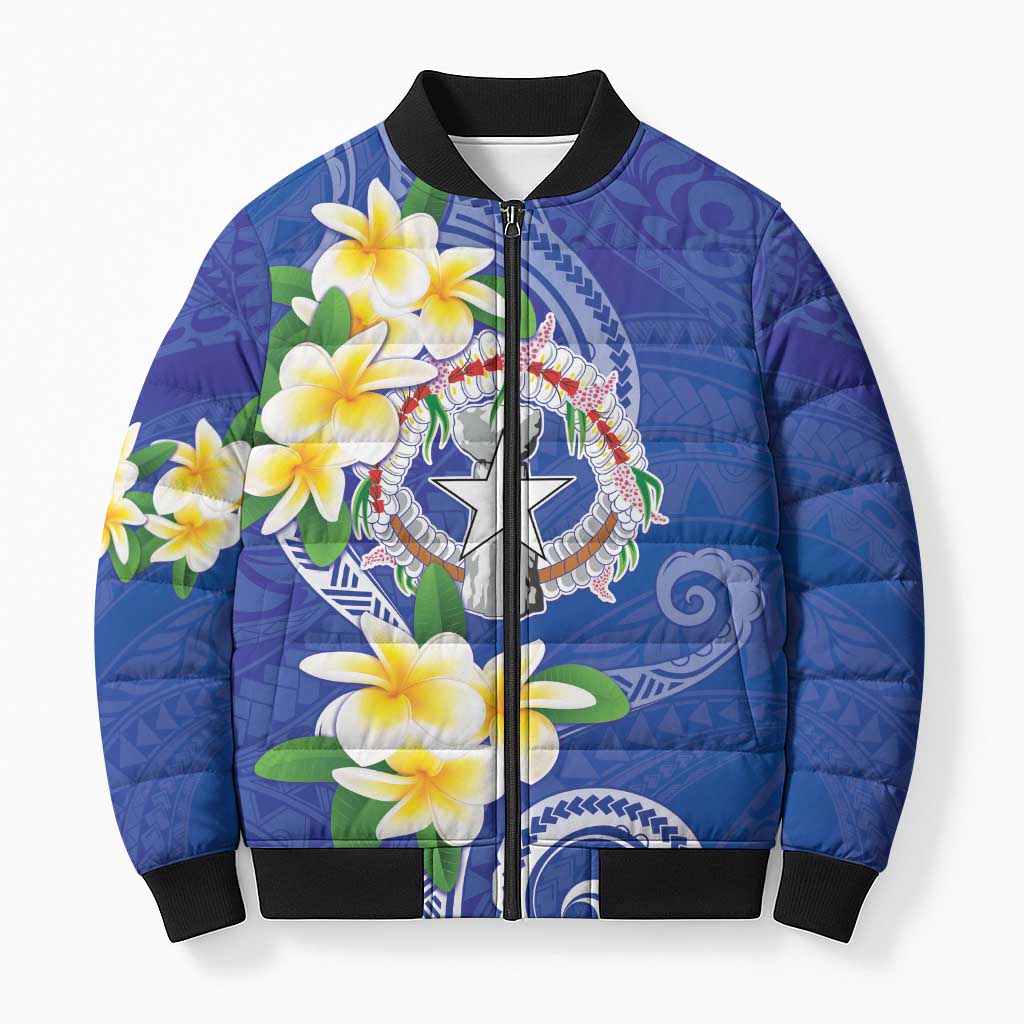 Northern Mariana Islands Chamorro Bomber Puffer Jacket Plumeria Curves Style Navy Version