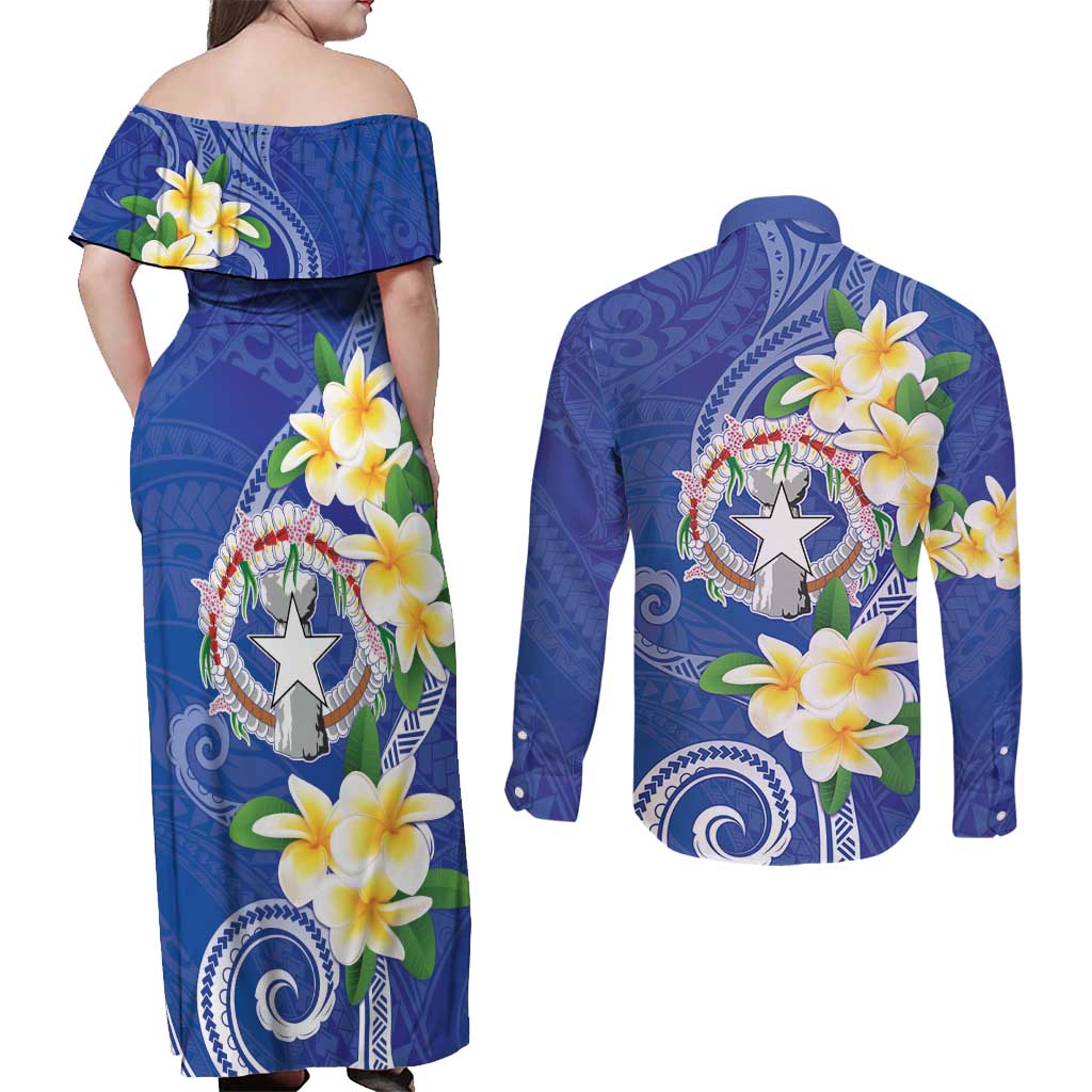 Northern Mariana Islands Chamorro Couples Matching Off Shoulder Maxi Dress and Long Sleeve Button Shirt Plumeria Curves Style Navy Version LT05 - Polynesian Pride