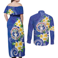 Northern Mariana Islands Chamorro Couples Matching Off Shoulder Maxi Dress and Long Sleeve Button Shirt Plumeria Curves Style Navy Version LT05 - Polynesian Pride